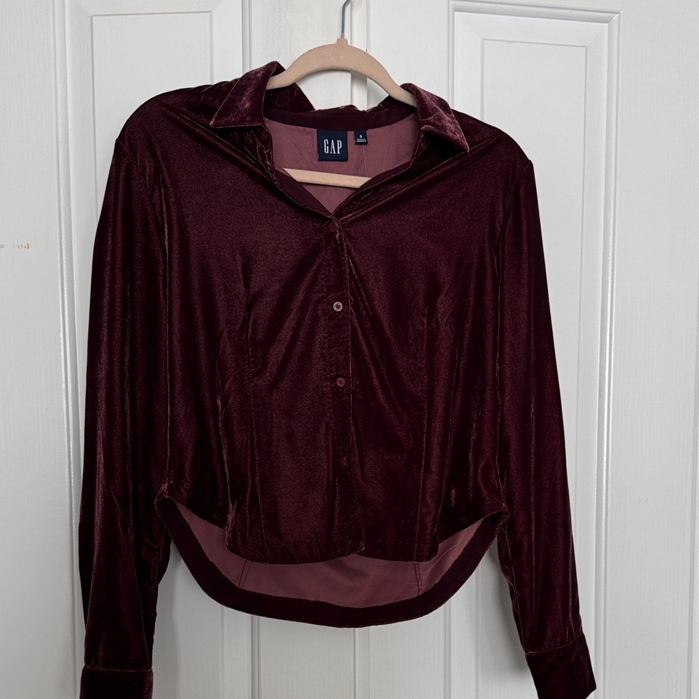GAP Velvet Button-Down Shirt in Deep Wine